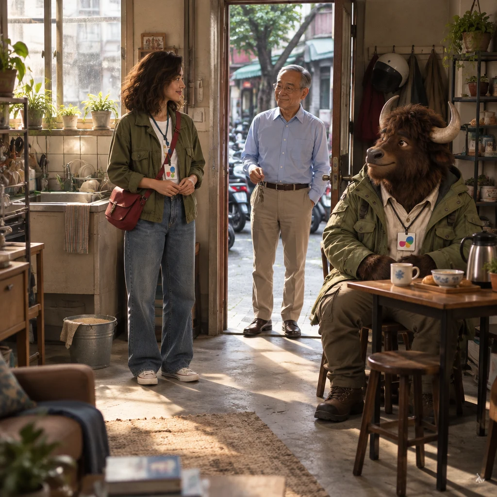 In Maya's walk-up above the scooter shop, Mr. Wang waits in the open doorway with keys while Maya faces the door and A-Li the yak sits at an unfinished breakfast.