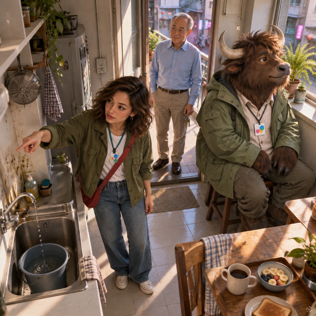 Maya points at the kitchen drip and stained wall while Mr. Wang waits in the doorway and A-Li the yak stays turned toward the window.