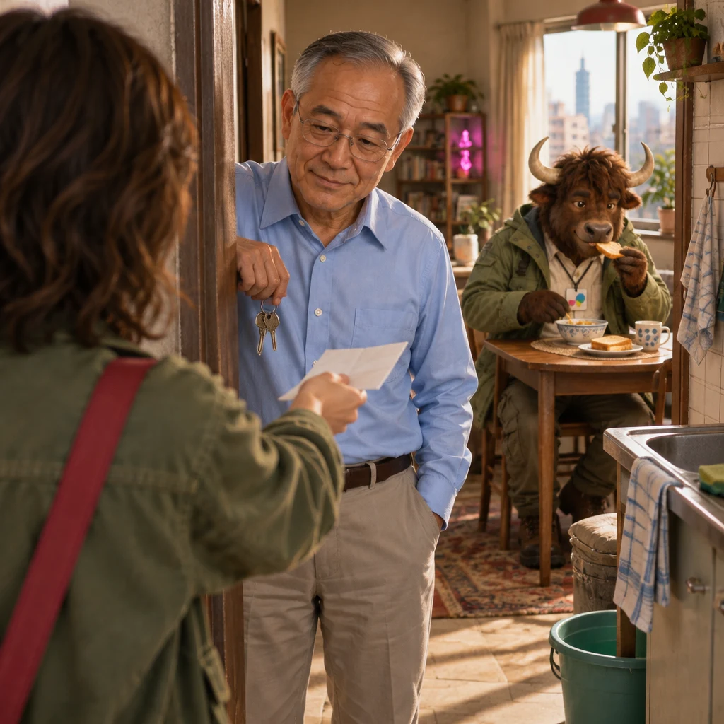 Over Maya's shoulder, Maya holds a folded paper toward Mr. Wang in the doorway while A-Li the yak nibbles breakfast and ignores them.