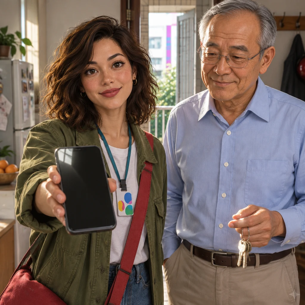 Maya holds a phone toward Mr. Wang, who glances toward a pocket with keys still in hand.