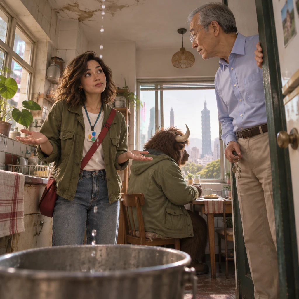 Maya stands with open empty palms, denying blame for the leak, while Mr. Wang holds the doorframe and A-Li the yak stays turned toward the breakfast tray.