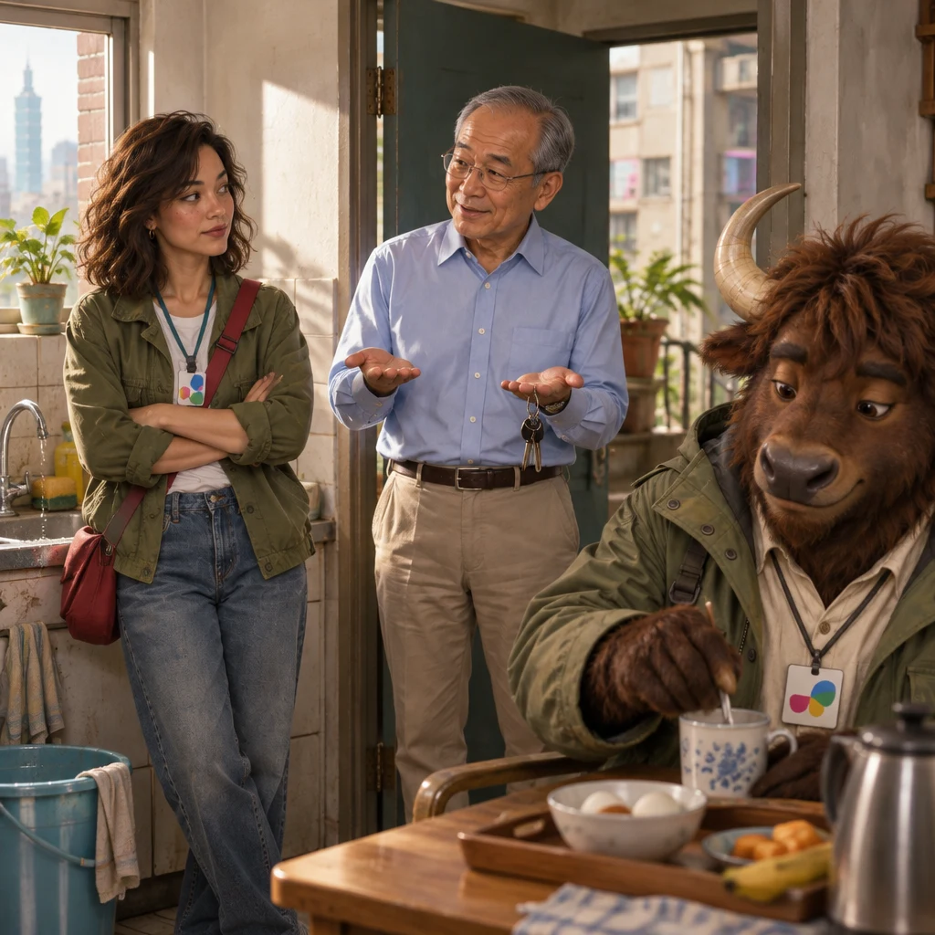 Mr. Wang in the doorway makes an even split with both hands, keys looped on one finger, while Maya stands by the bucket with folded arms and A-Li the yak stirs a cup.