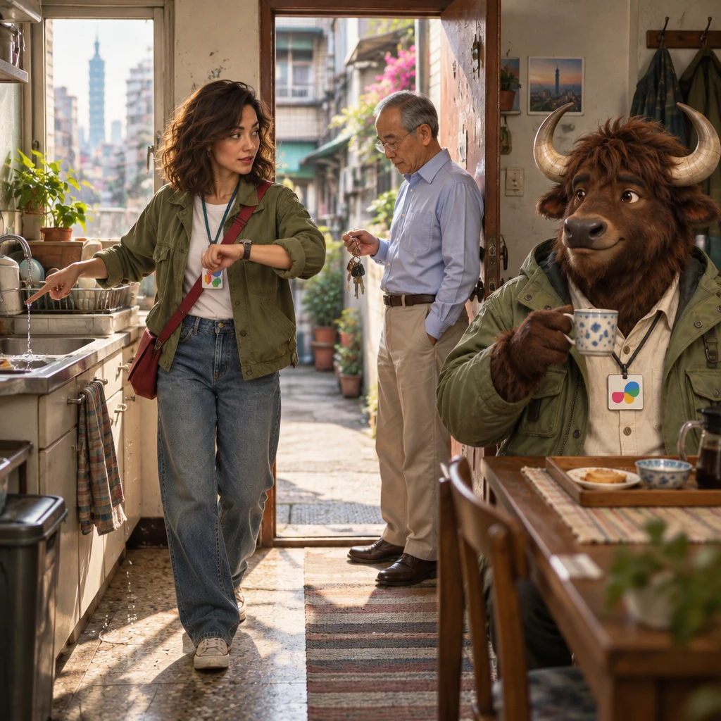 Maya steps forward in profile, pointing at the leak and tapping a wristwatch, while Mr. Wang looks down at the keys and A-Li the yak lifts an unfinished cup.