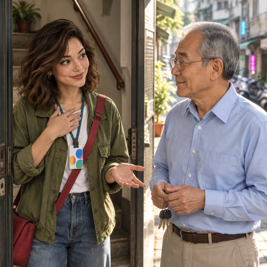 Maya steps forward in the apartment doorway with one hand at the collarbone and the other open toward Mr. Wang, who waits just outside with the keys.