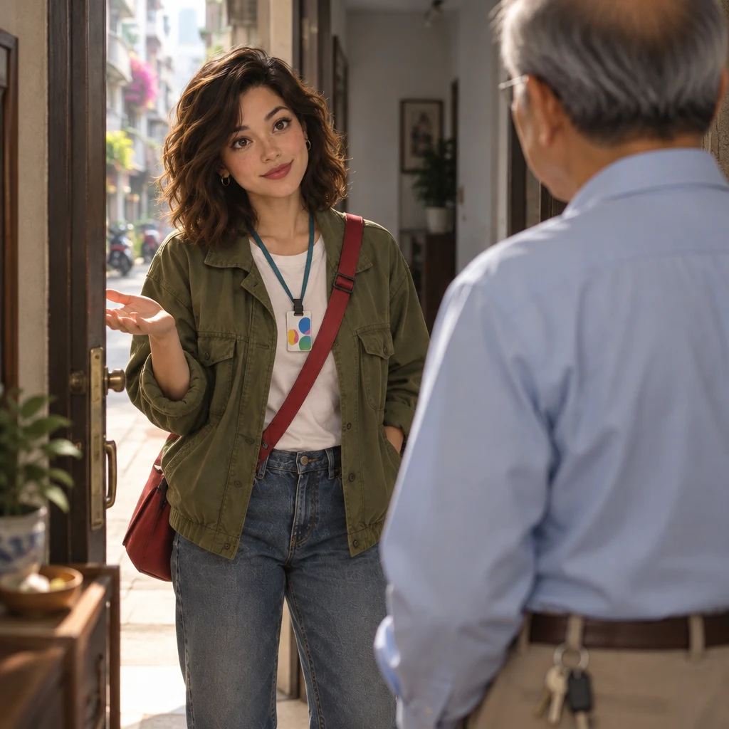Maya tilts to one side and lifts one palm in a questioning pose toward Mr. Wang, who stays in the doorway with the keys.