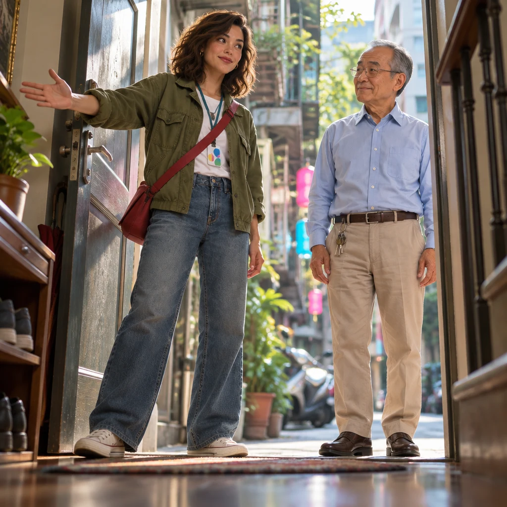 Maya plants both feet in the apartment doorway and makes a wide horizontal hand gesture toward Mr. Wang, standing firmer than before.