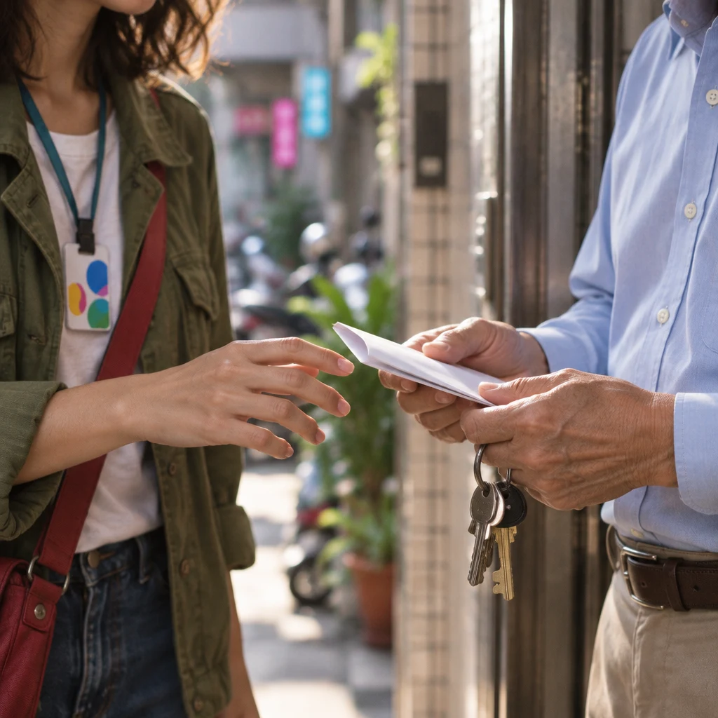 Maya leans toward a folded paper in Mr. Wang's hand at the apartment doorway while Mr. Wang also holds the keys.