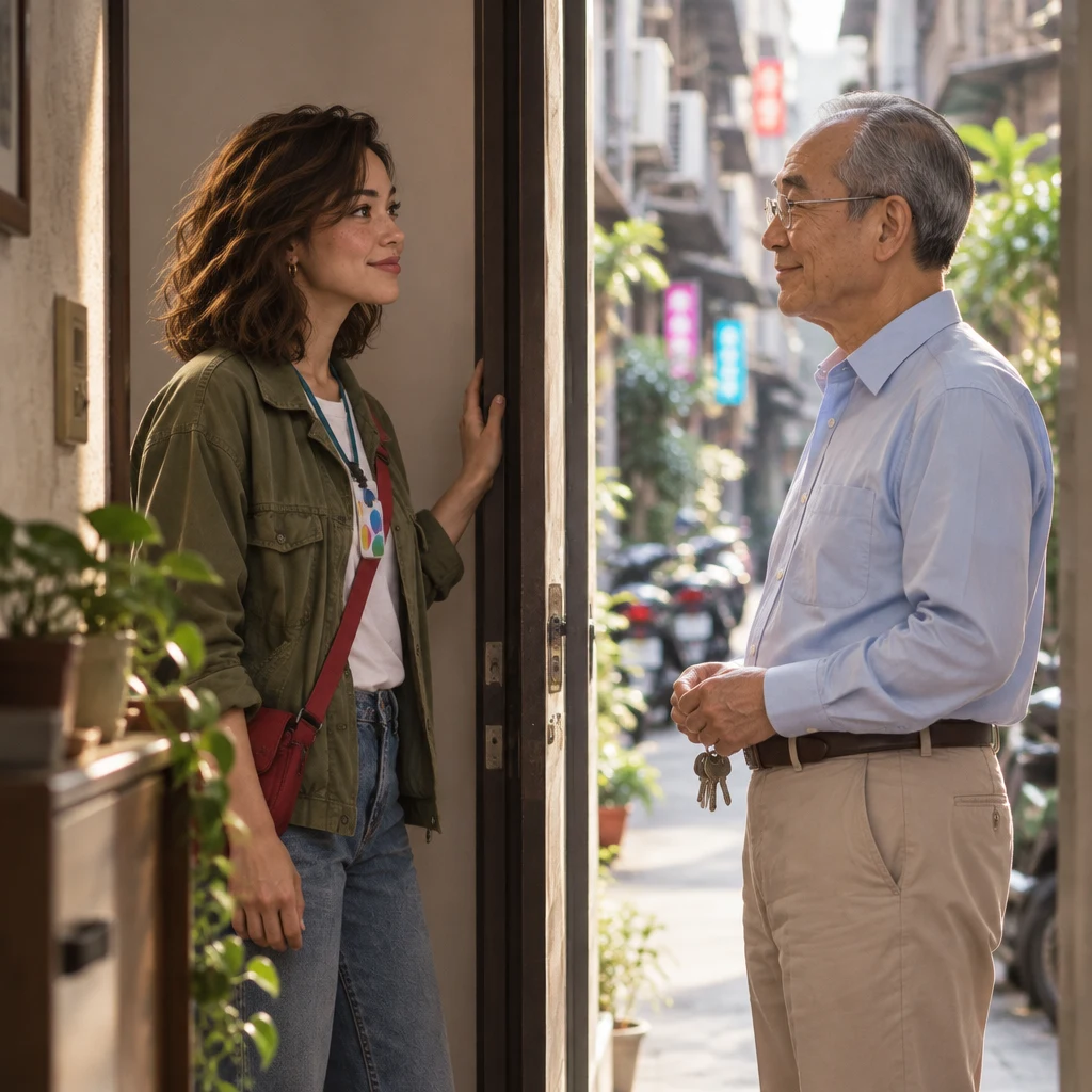 Maya rests a hand on the apartment doorframe with a small nod, settled in place, while Mr. Wang watches from the threshold with the keys.
