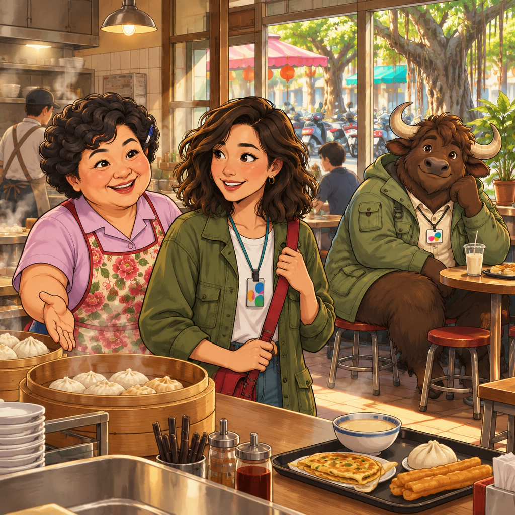 Maya arrives at the breakfast shop as Auntie Lin welcomes her, while A-Li sits at the back beside his unfinished soy milk.