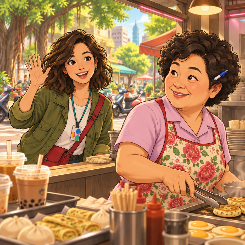 Maya greets Auntie Lin with a friendly wave at the breakfast-shop counter.