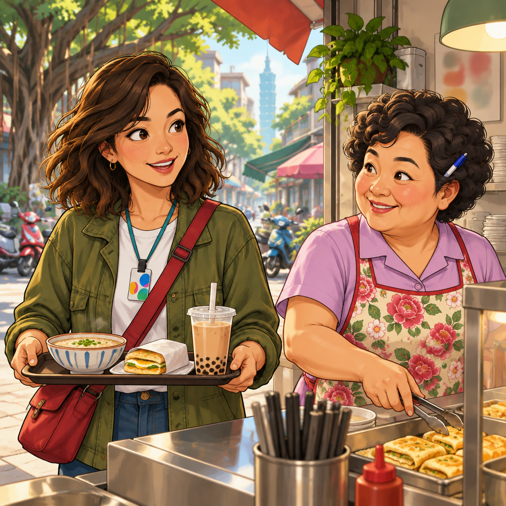 Maya gives Auntie Lin a cheerful greeting while carrying a breakfast tray.