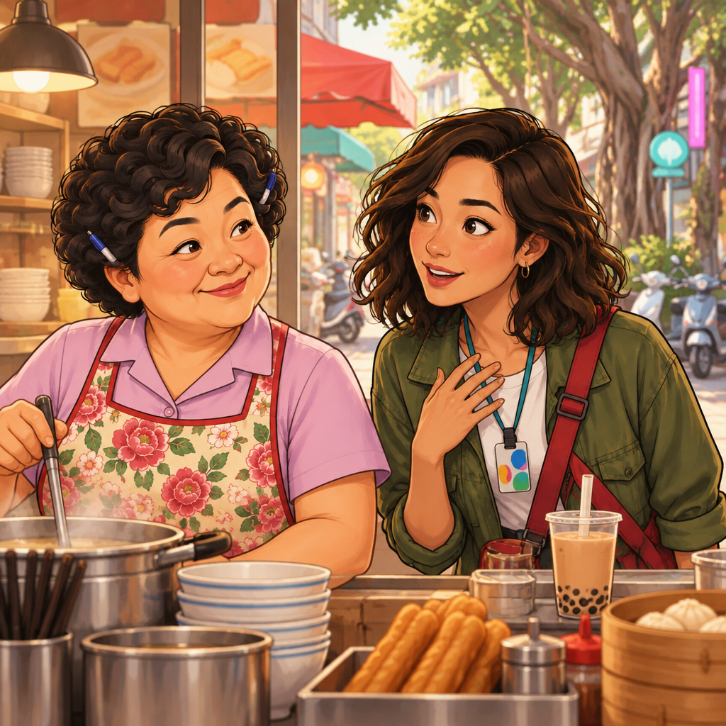 Maya leans toward Auntie Lin with a friendly, interested expression and asks how she is doing.
