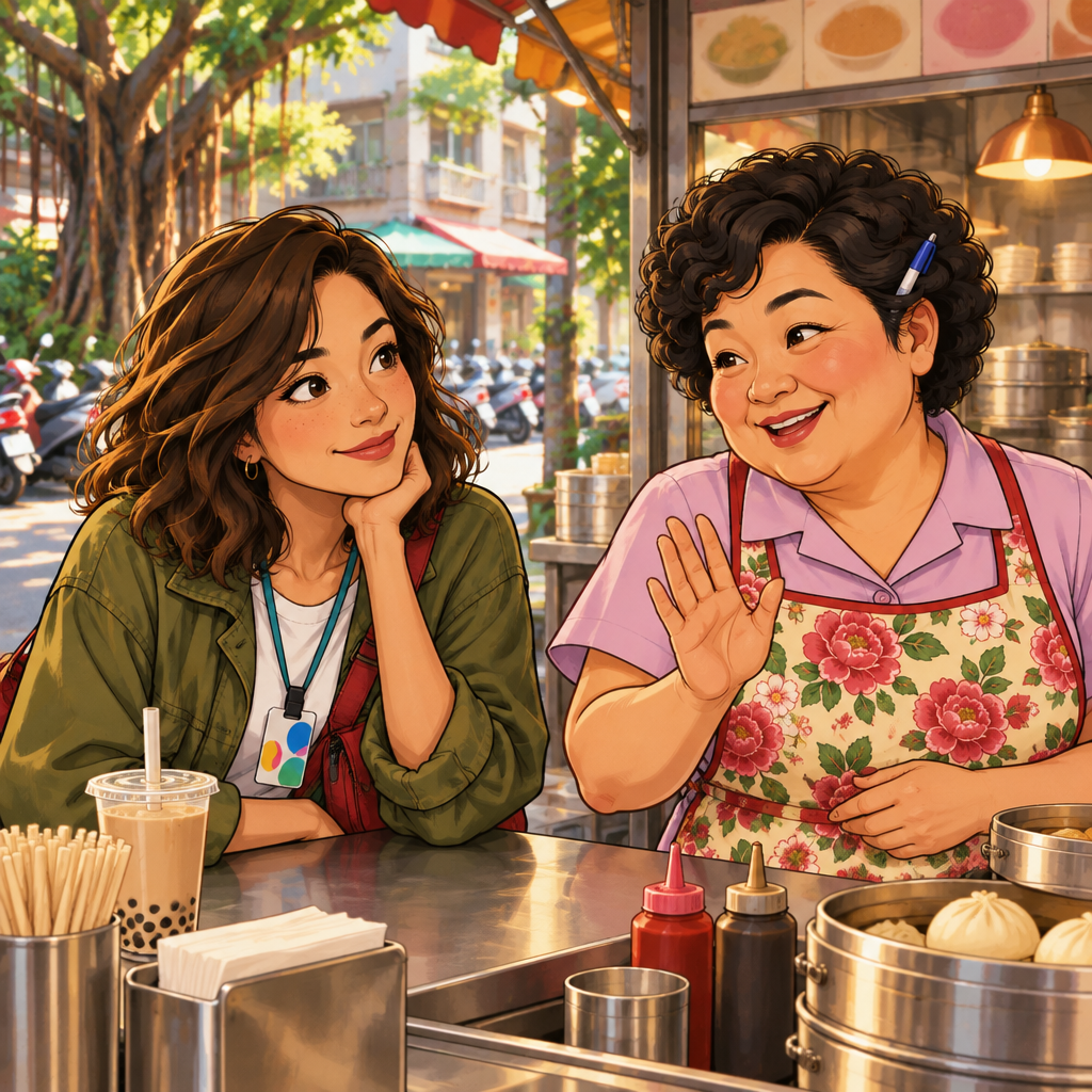 Auntie Lin smiles and gestures reassuringly as she replies to Maya.