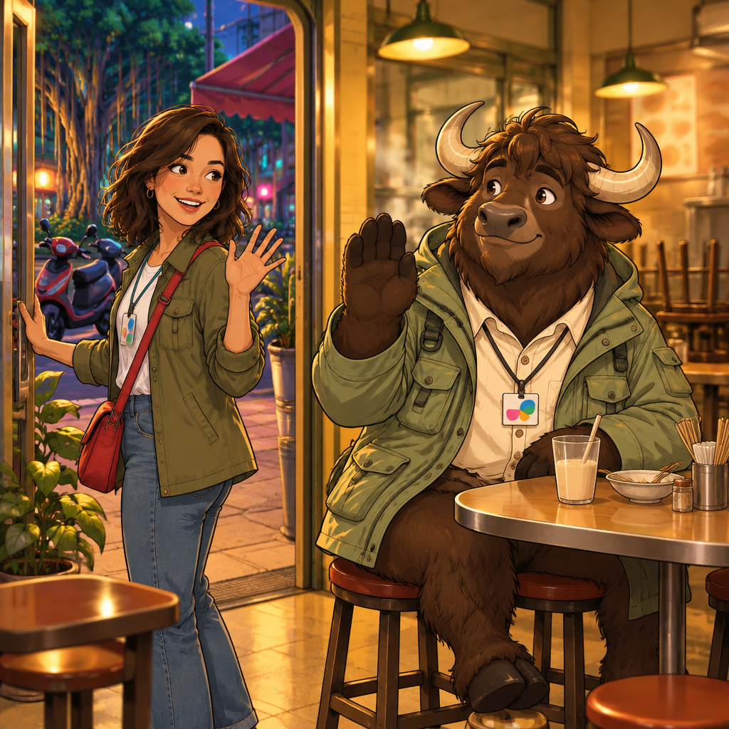 Maya has finished her visit and stands by the doorway while A-Li stays beside his unfinished soy milk.