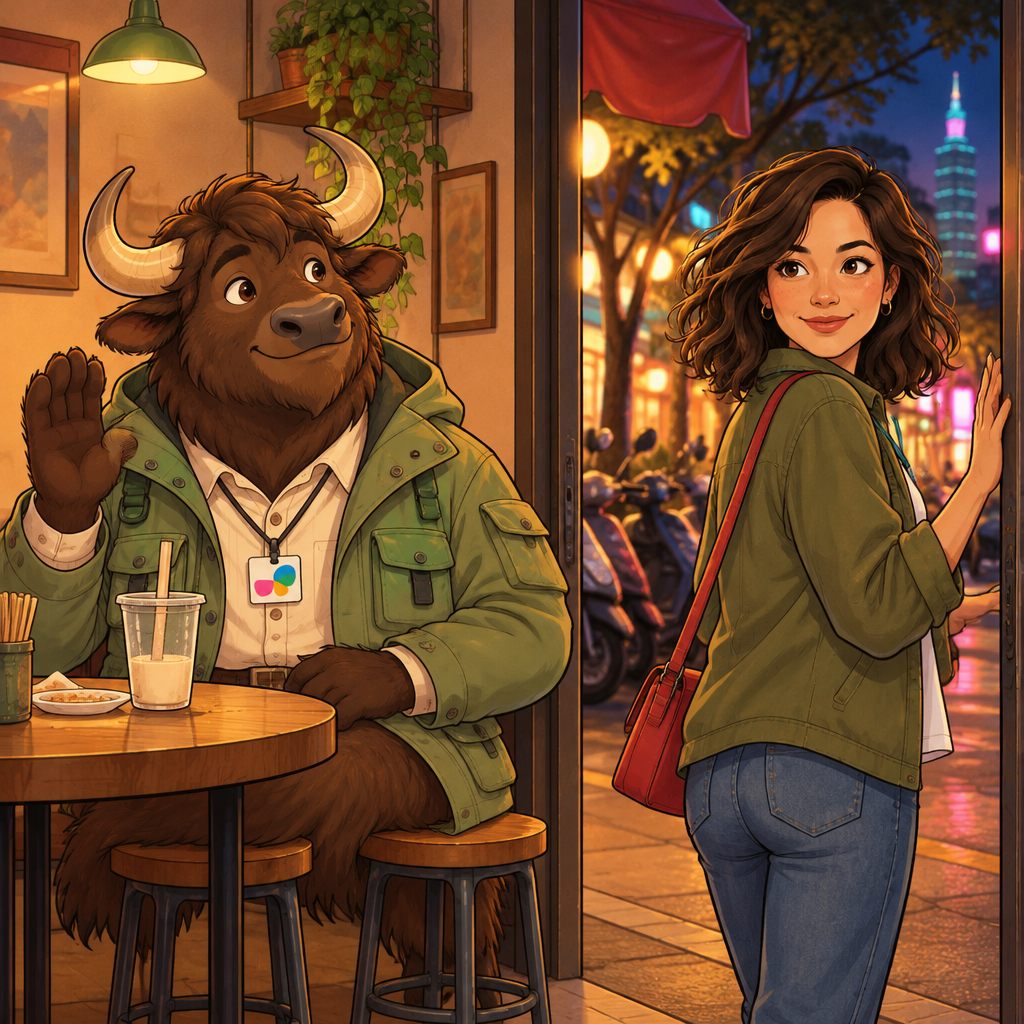 A-Li raises a hand in farewell from his seat as Maya waits at the doorway.