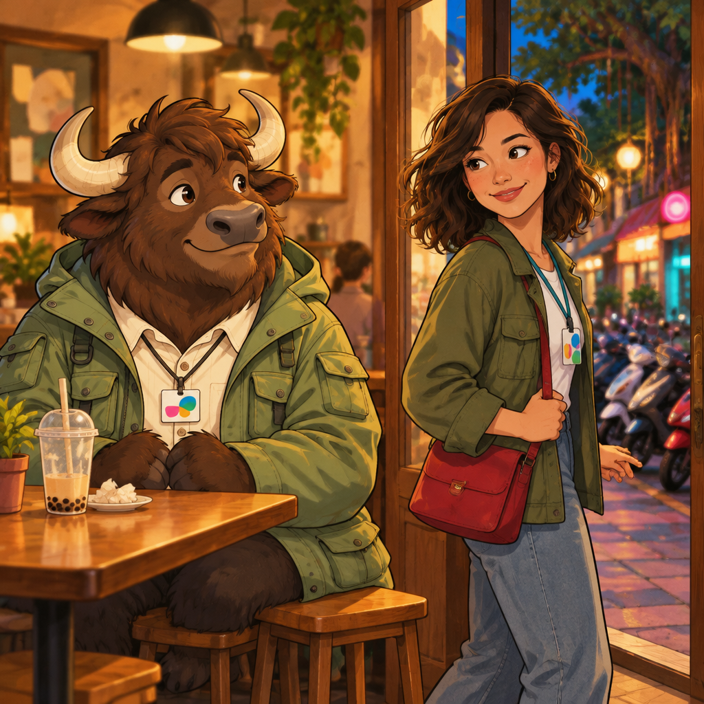 Maya looks back toward A-Li from the doorway with a friendly, familiar expression.
