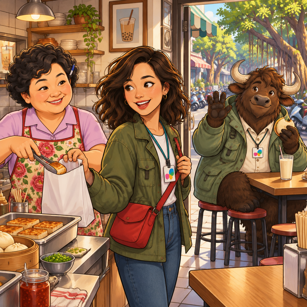Auntie Lin slips extra radish cake into a bag for Maya as Maya heads toward the shop door, while A-Li waves from his stools with a half-eaten bun and soy milk beside him.