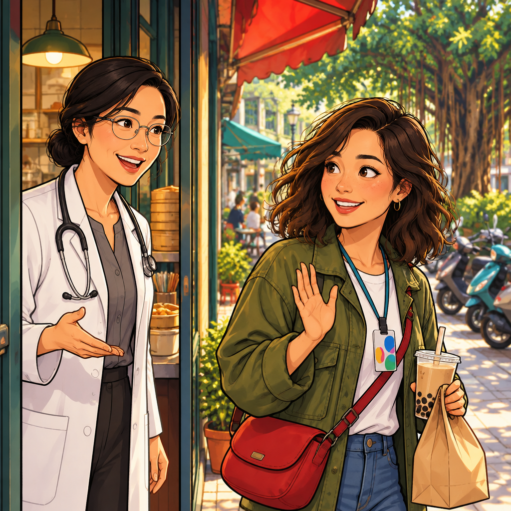 Chen gives Maya a friendly send-off from near the breakfast-shop entrance.