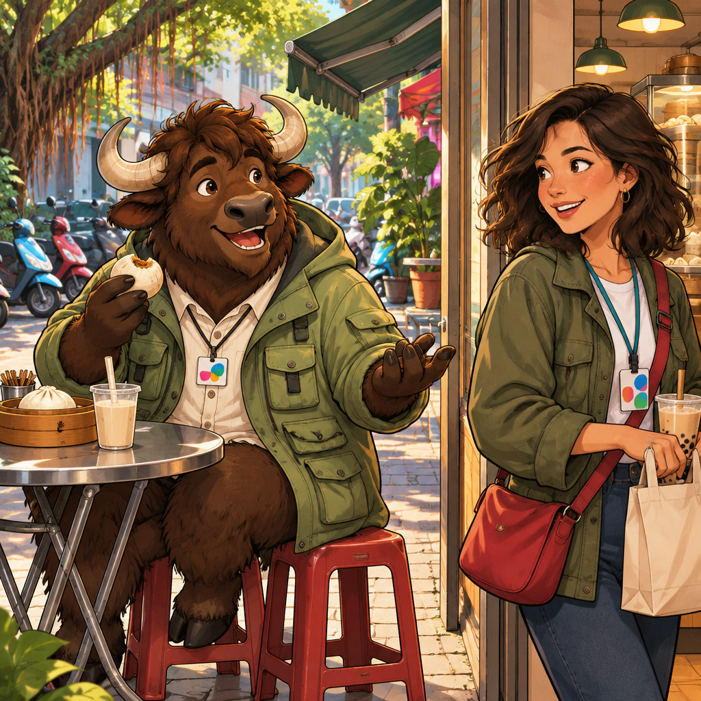 A-Li calls a cautionary farewell to Maya while waving from his breakfast stools.