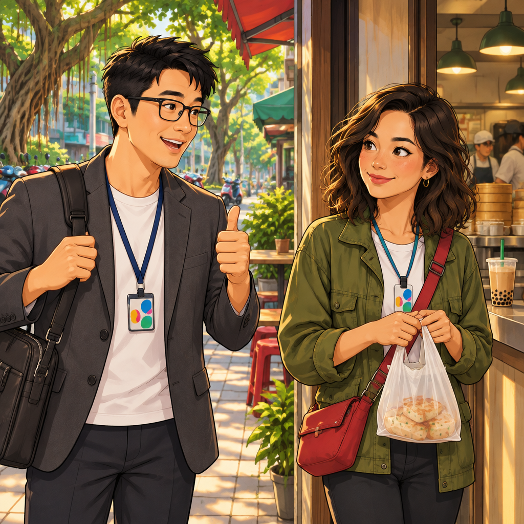 Zhiming gives Maya an encouraging farewell near the shop entrance.