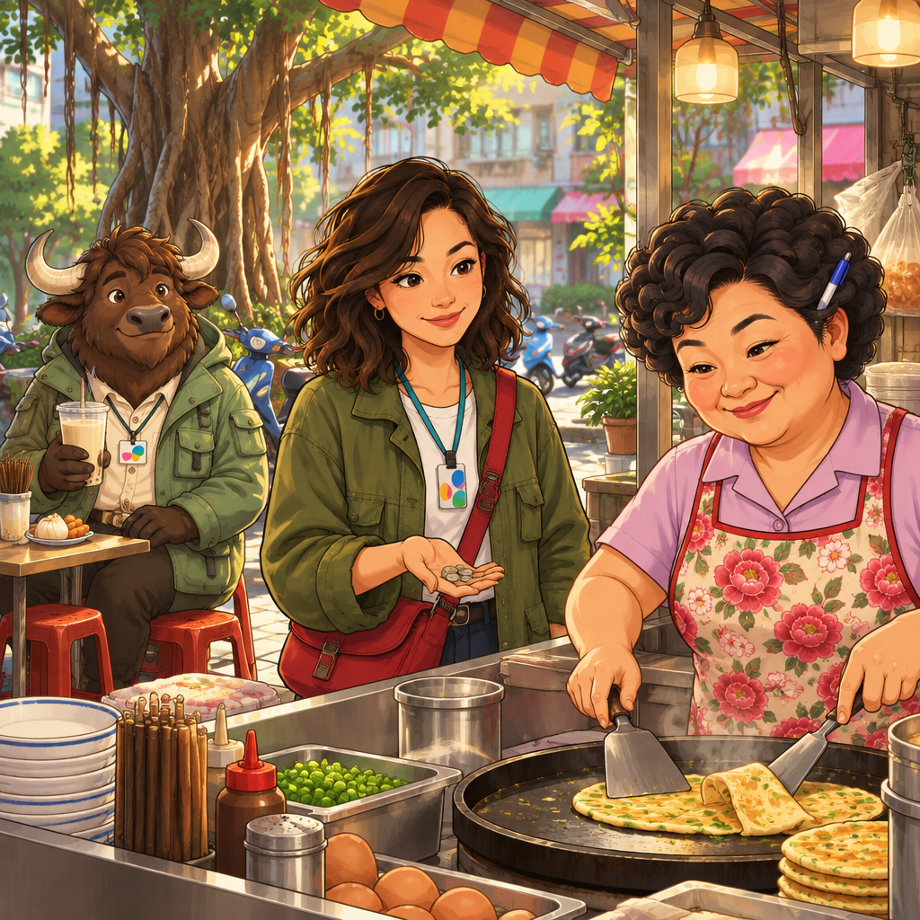 Maya has coins ready at the counter, Auntie Lin prepares an egg pancake, and Ali sits at the back table with soy milk.