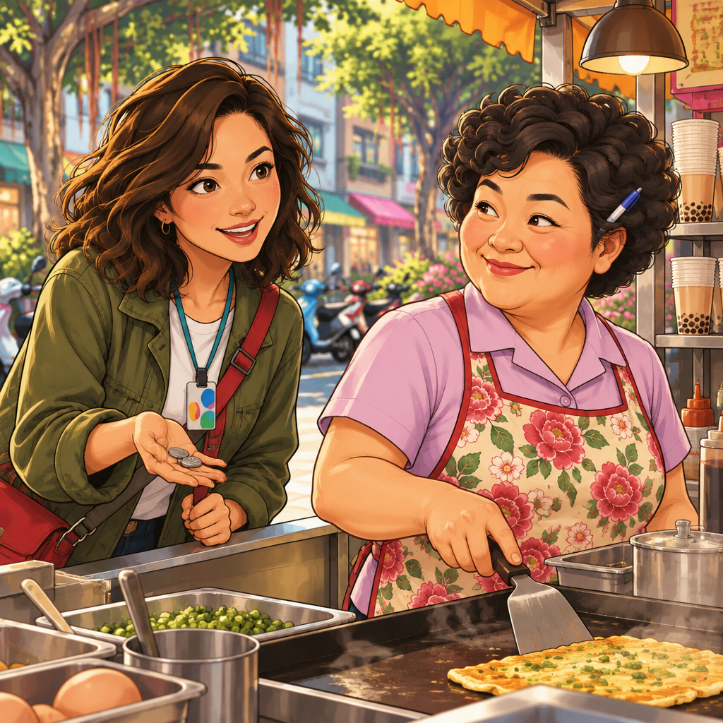 Maya politely asks Auntie Lin for an item while holding out her coins at the counter.