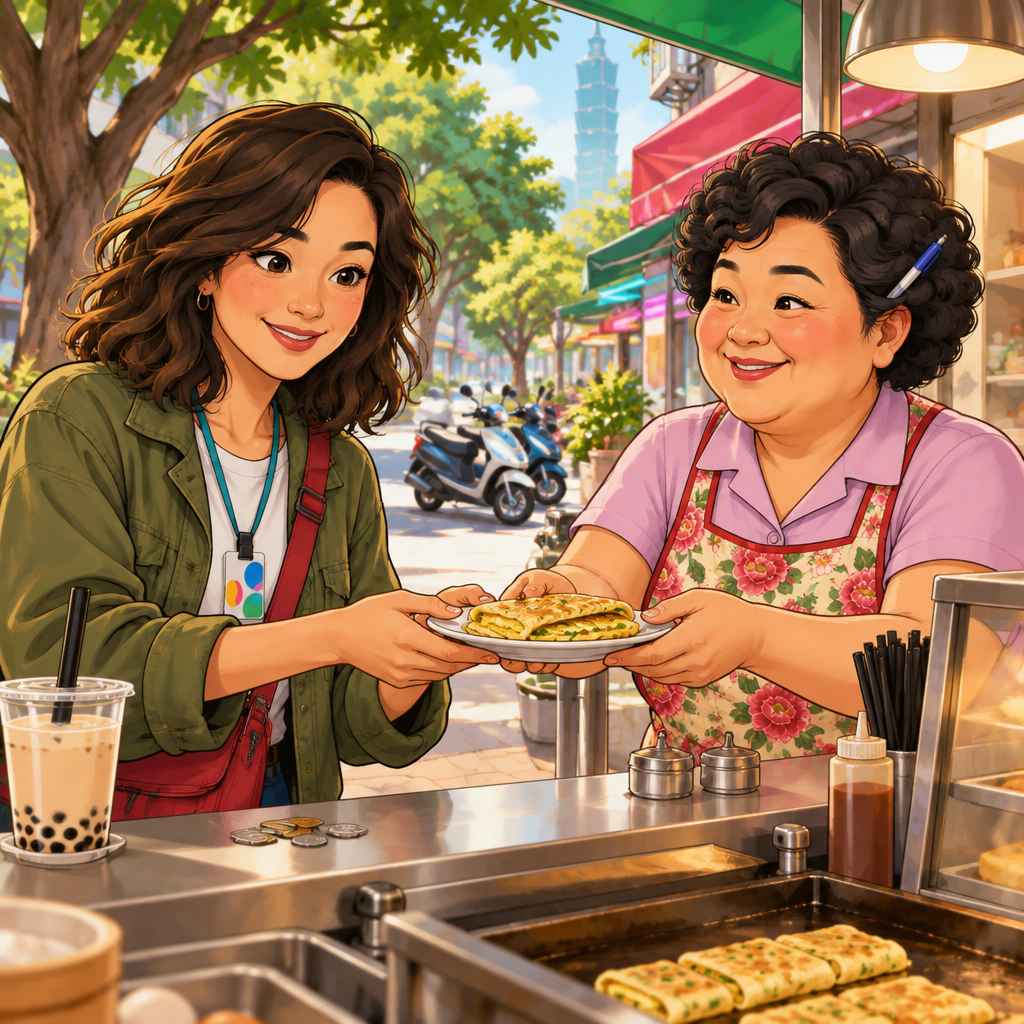 Maya thanks Auntie Lin across the counter as Lin hands her a freshly cooked egg pancake.