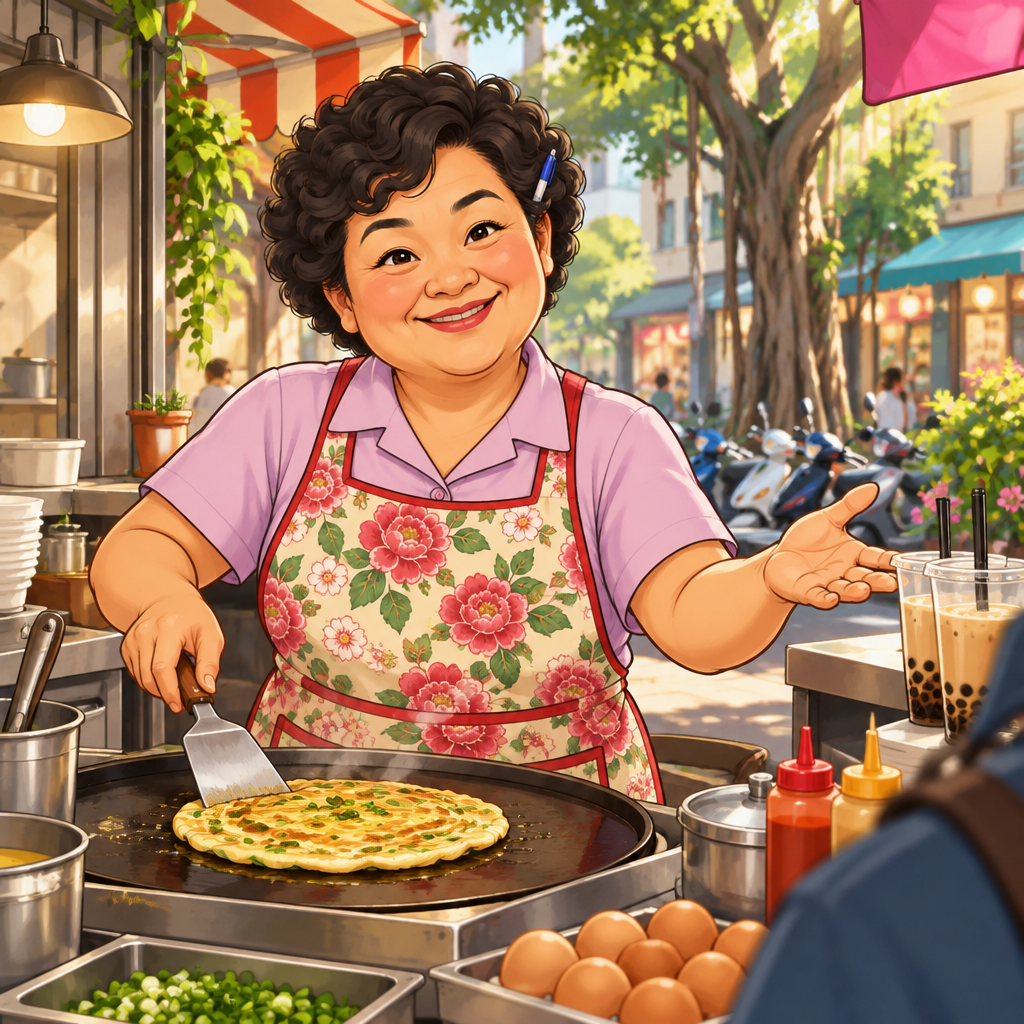 Auntie Lin responds warmly to a customer's thanks while continuing to cook at the griddle.