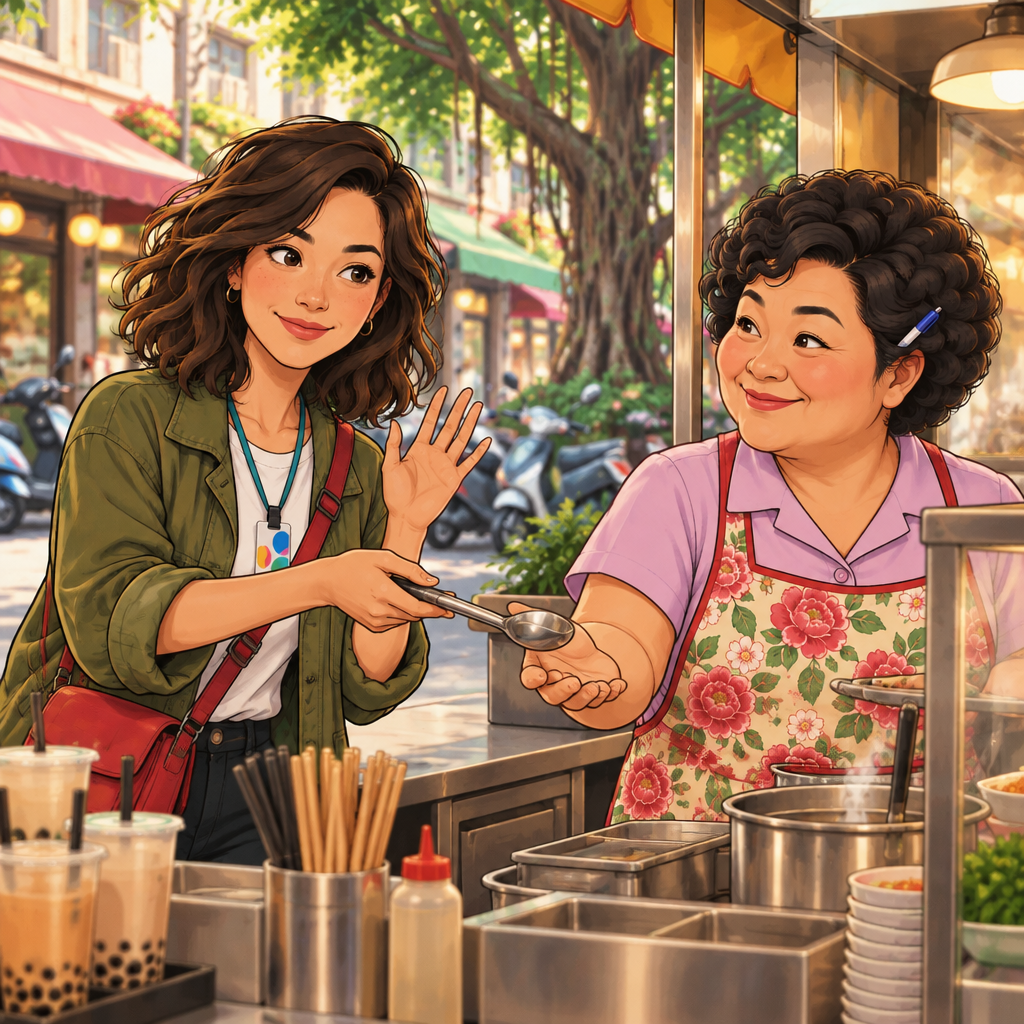Maya reassures Auntie Lin that helping with a dropped utensil was no trouble.
