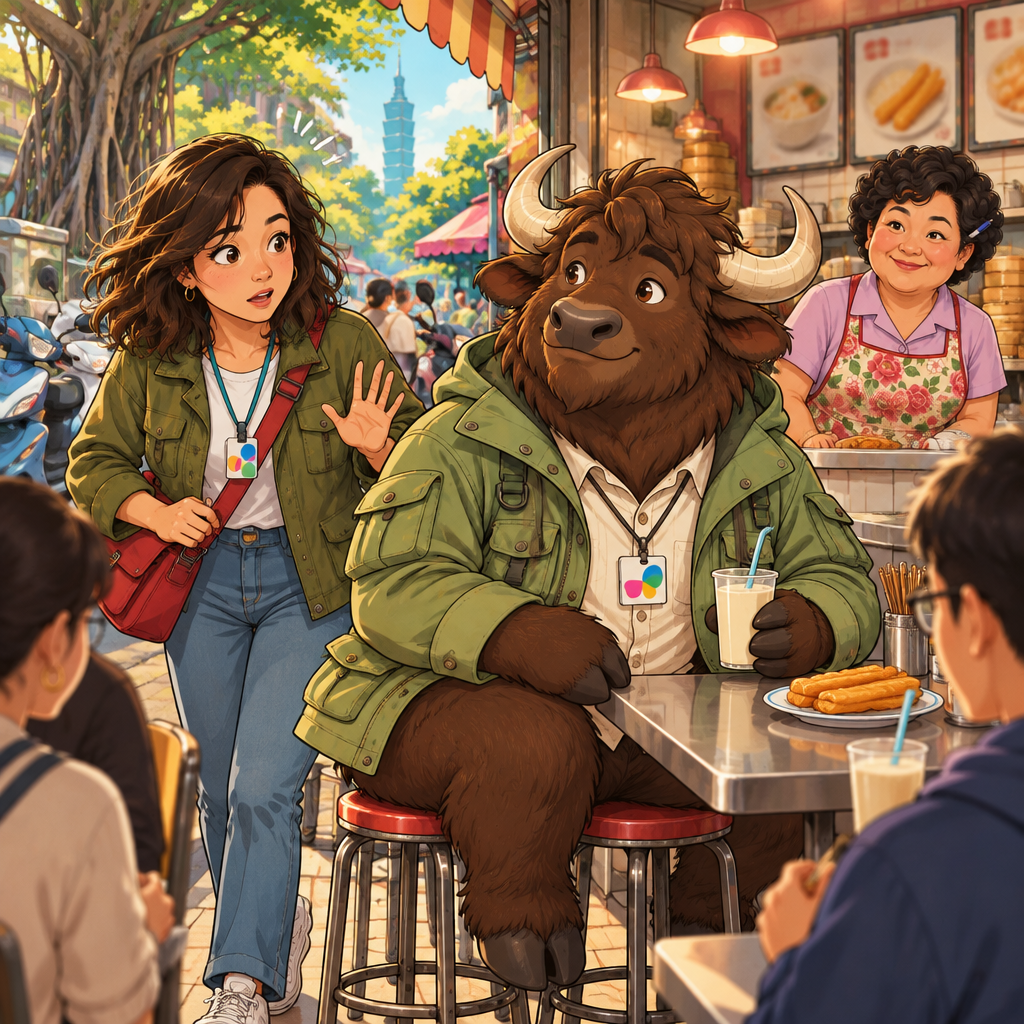 Maya raises a hand to apologize after nudging A-Li’s spare stool, while he remains seated and Auntie Lin watches from the counter.