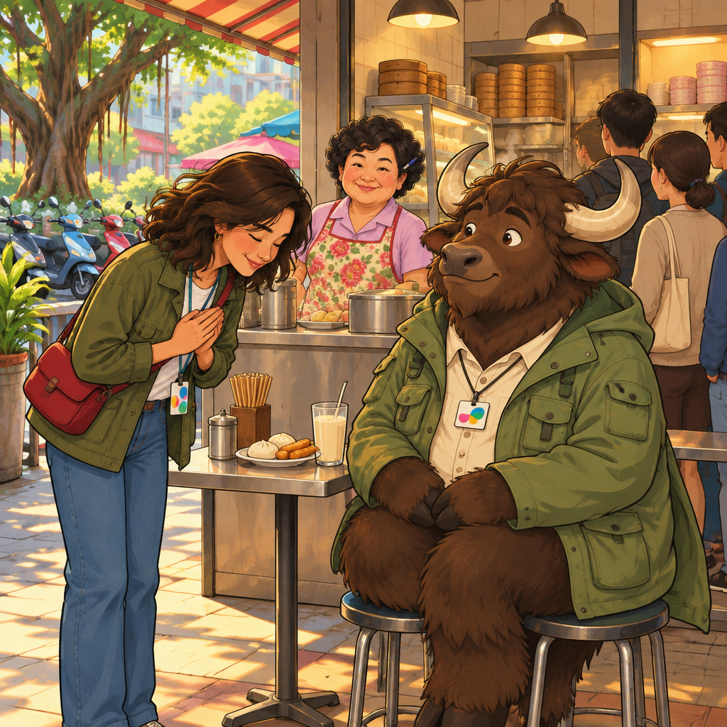 Maya gives A-Li a small apologetic bow beside the unmoved stool as Auntie Lin waits behind the counter.
