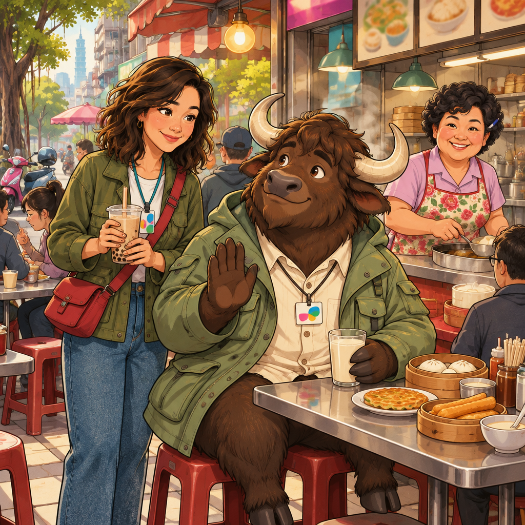 A-Li reassures Maya with a relaxed open palm while remaining seated on both stools.