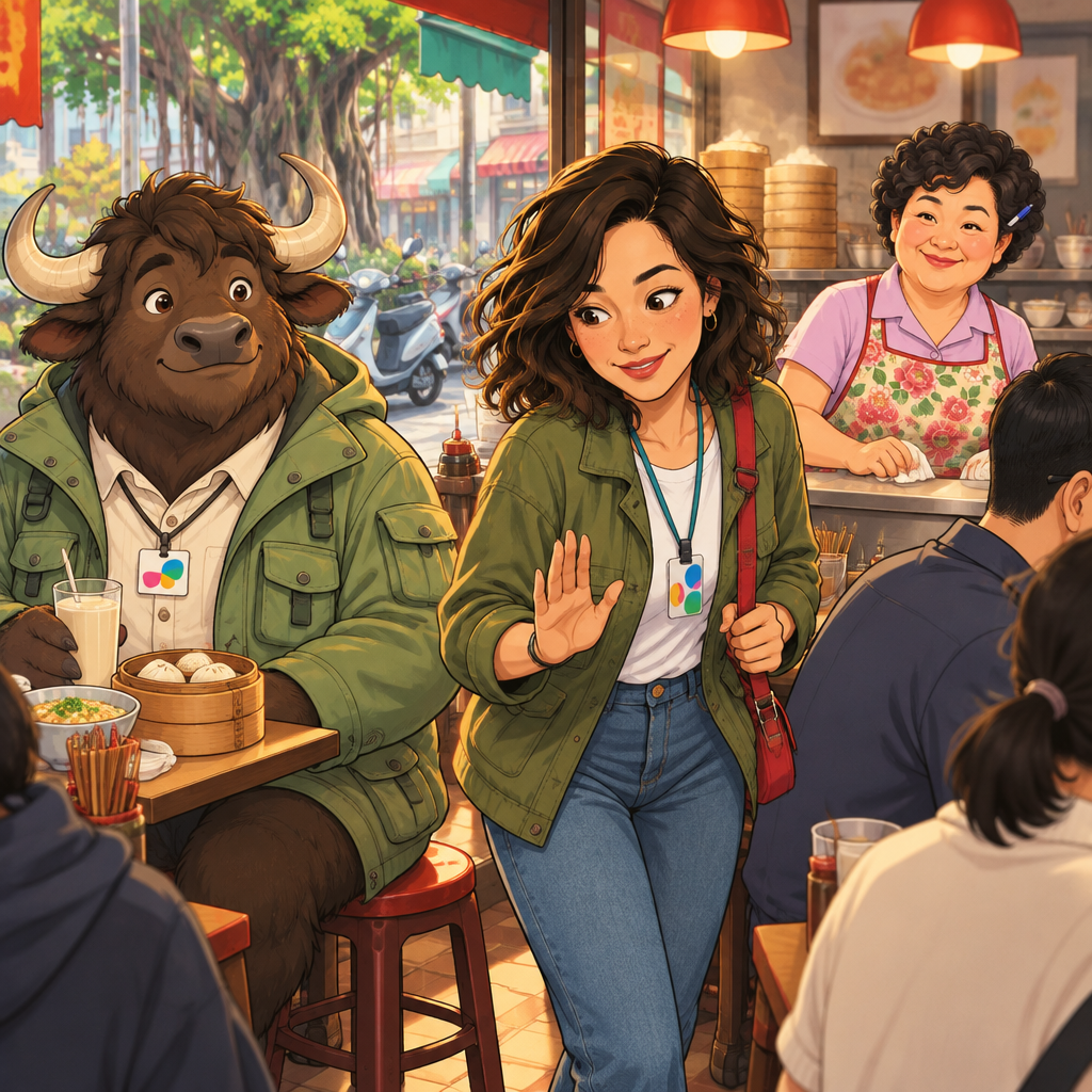 Maya turns sideways to slip through the crowded aisle while A-Li stays seated beside the unmoved second stool.