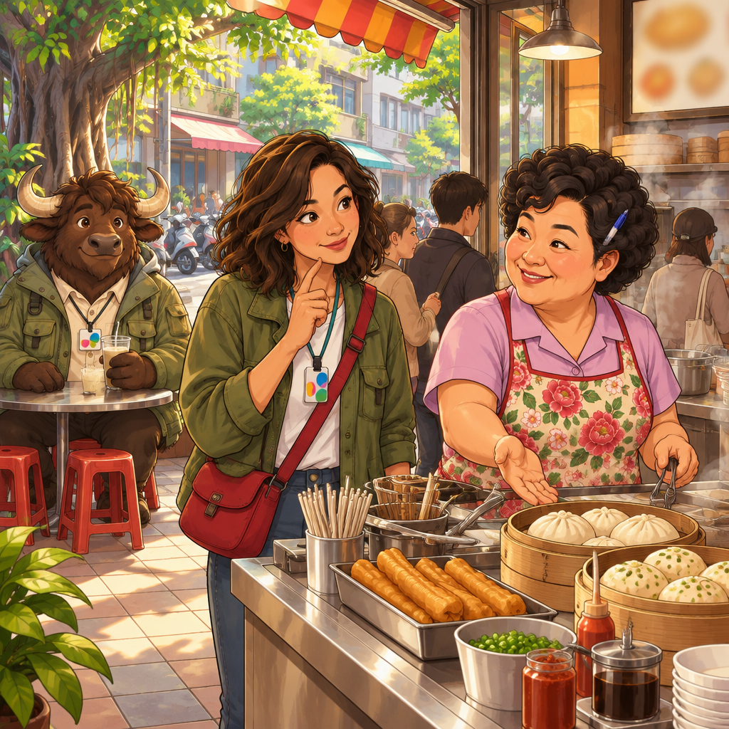 Maya faces Auntie Lin with a polite questioning gesture as Lin indicates the breakfast counter.