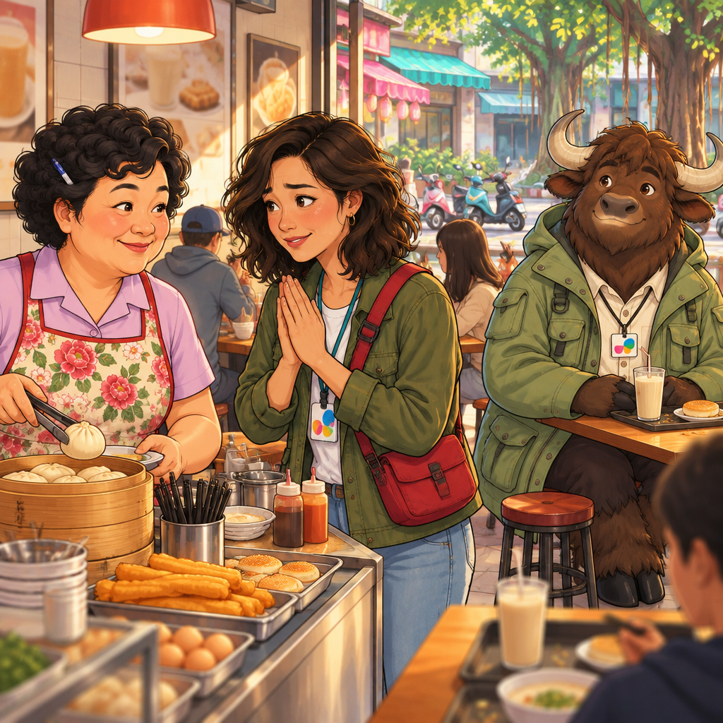 Maya makes a grateful, apologetic gesture to Auntie Lin at the counter while A-Li continues sitting beside his unmoved stool.