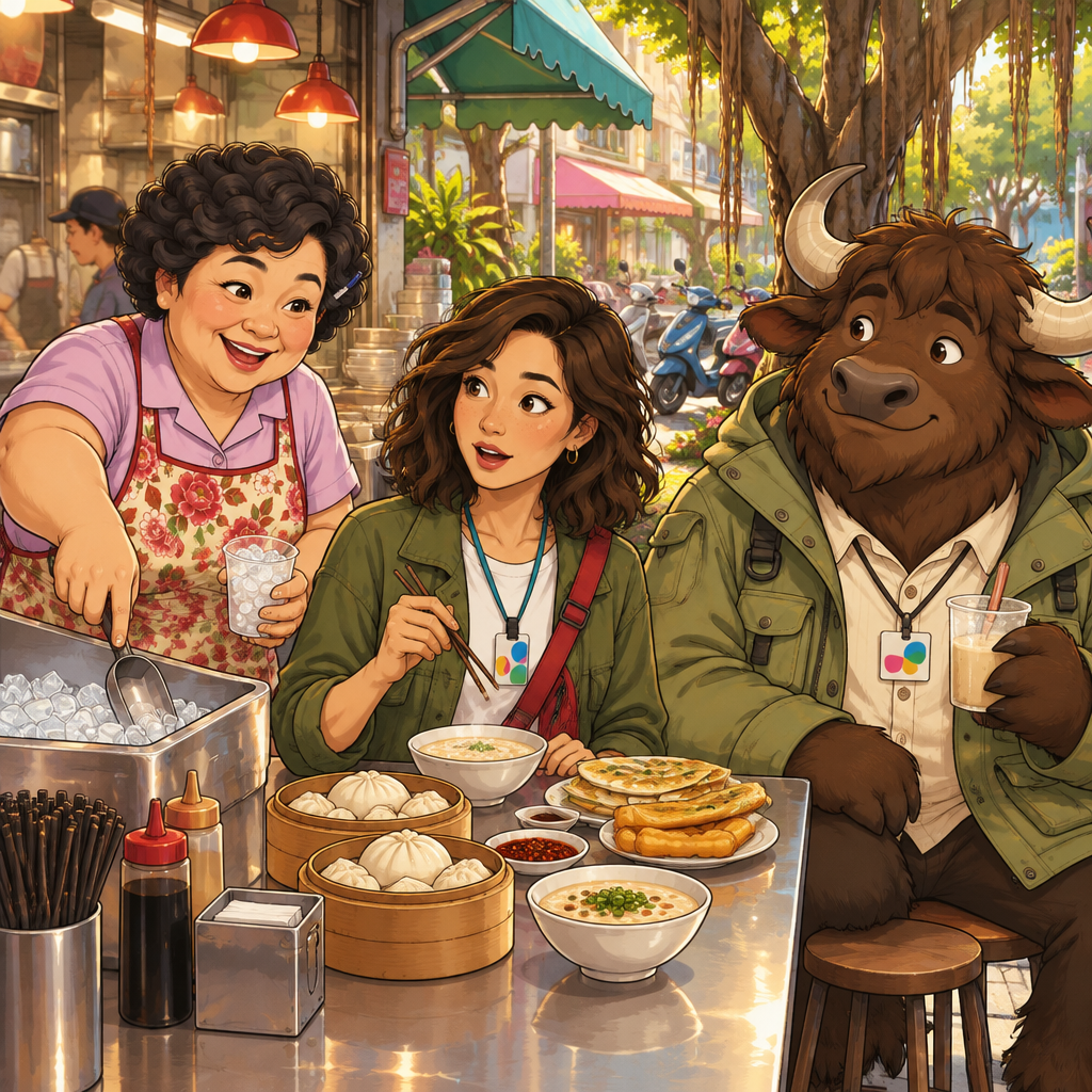 Auntie Lin asks Maya a quick question about ice while Ali sits nearby with unfinished soy milk.