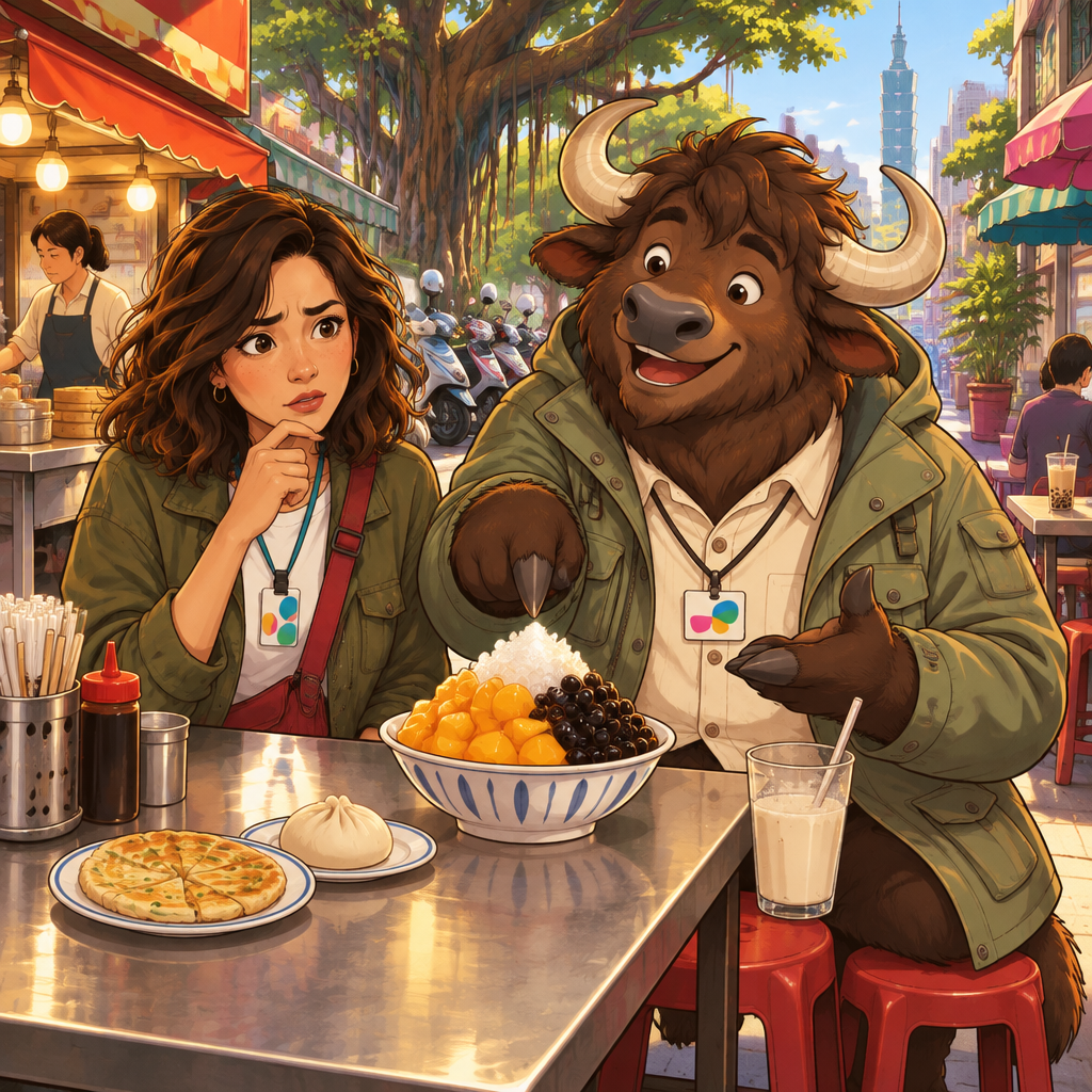 Maya looks confused while Ali confidently gestures as if explaining something beside his unfinished soy milk.