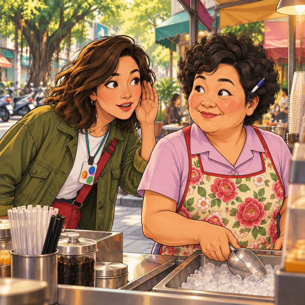 Maya leans toward Auntie Lin with a hand cupped to her ear, asking her to repeat the question.