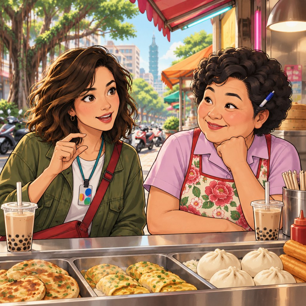 Maya holds her fingers close together to show that she knows only a little Chinese as Auntie Lin listens kindly.