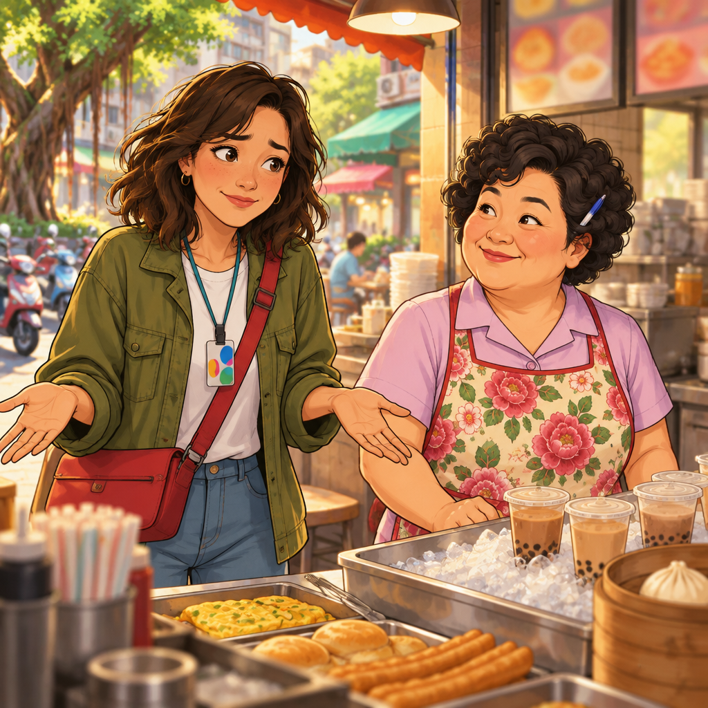 Maya gives a small uncertain shrug with open palms as Auntie Lin waits for her answer about the ice.