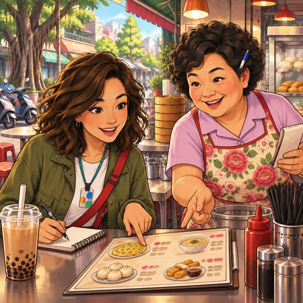Maya points to a dish on the blurred handwritten menu while Auntie Lin recognizes it and responds.