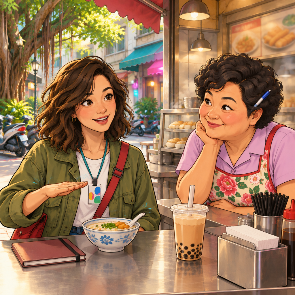 Maya makes a gentle slow-down gesture as she asks Auntie Lin to speak more slowly.