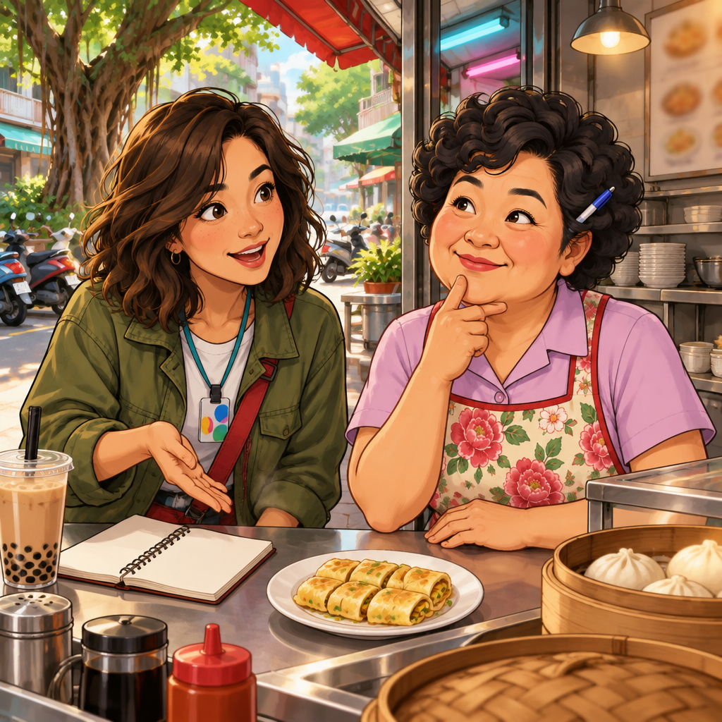 Maya points toward the dish and asks Auntie Lin how to say its name.