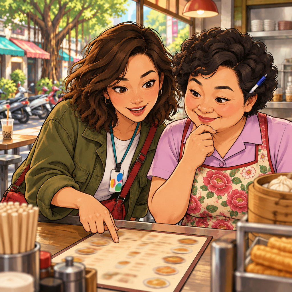 Maya points to one indistinct mark on the menu and asks how to read that character.