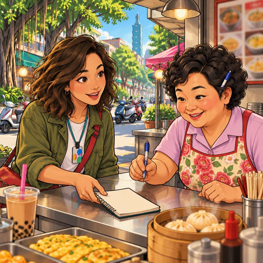 Maya offers her notebook to Auntie Lin and asks her to write the name down.