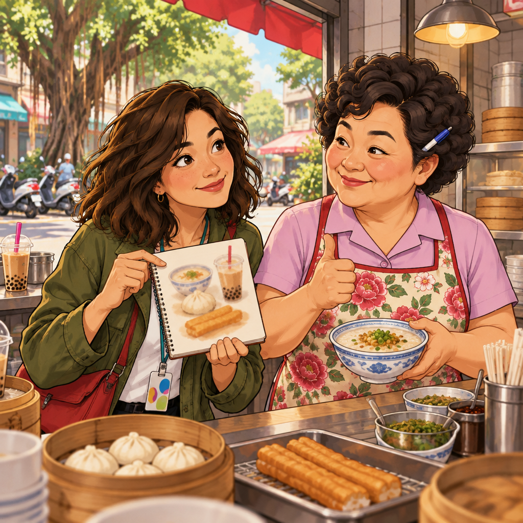 Maya compares her notebook with Auntie Lin's example and asks if her attempt is correct.