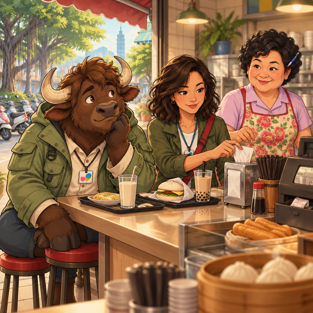 Ali searches for his usual beside unfinished soy milk as Maya looks for a napkin and Auntie Lin helps them.