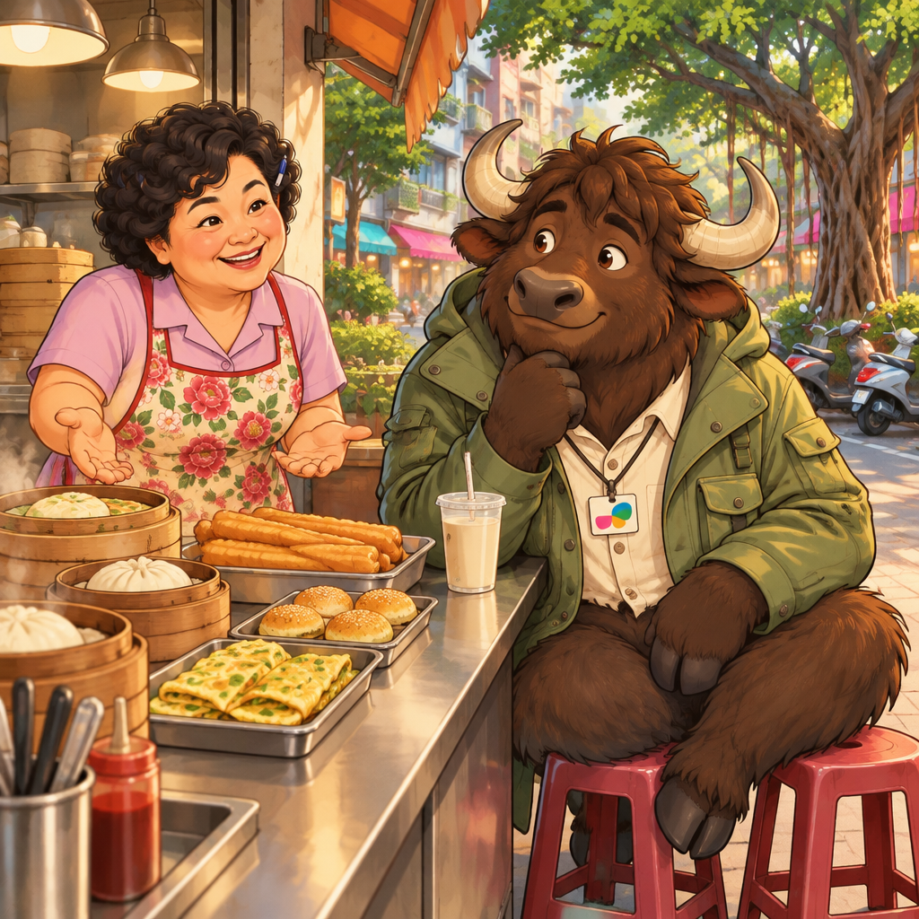 Auntie Lin asks Ali what he wants while he considers the breakfast choices.