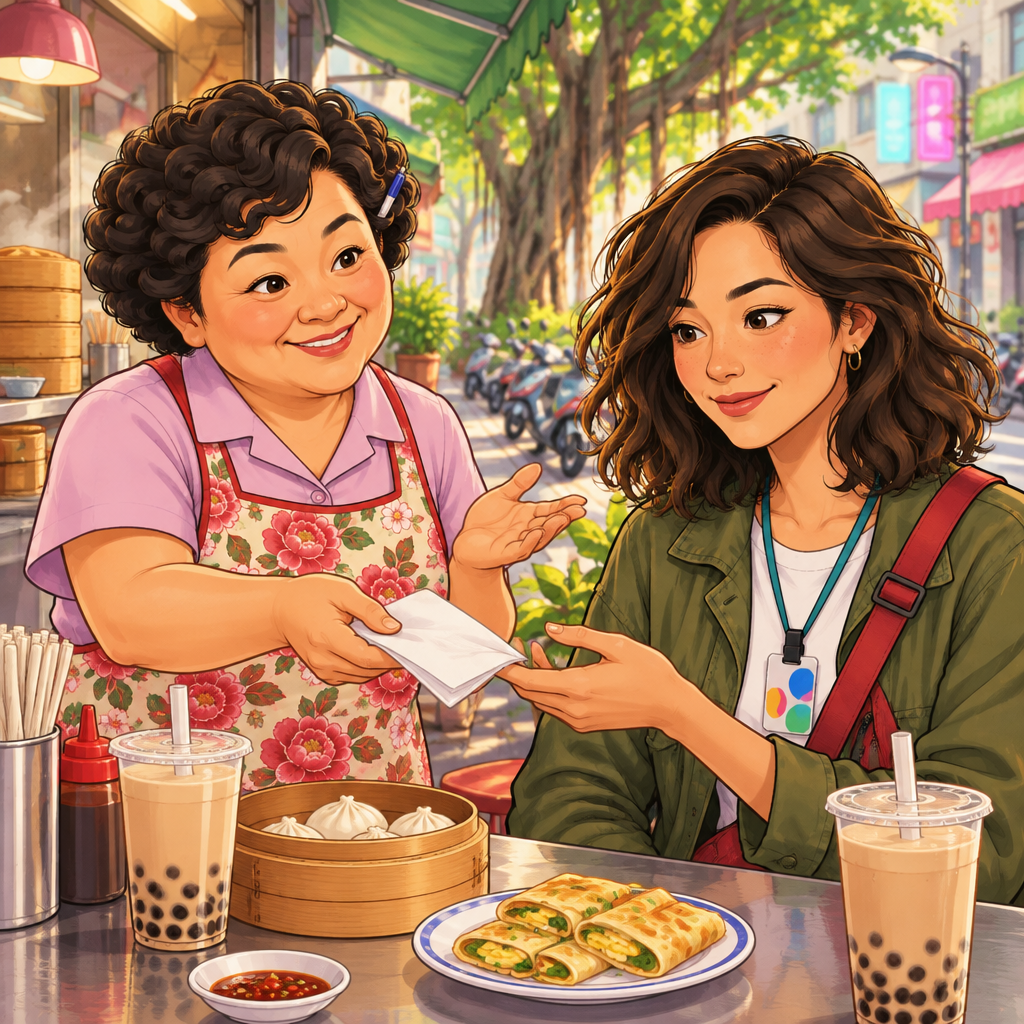 Auntie Lin offers Maya a napkin with a helpful questioning gesture.