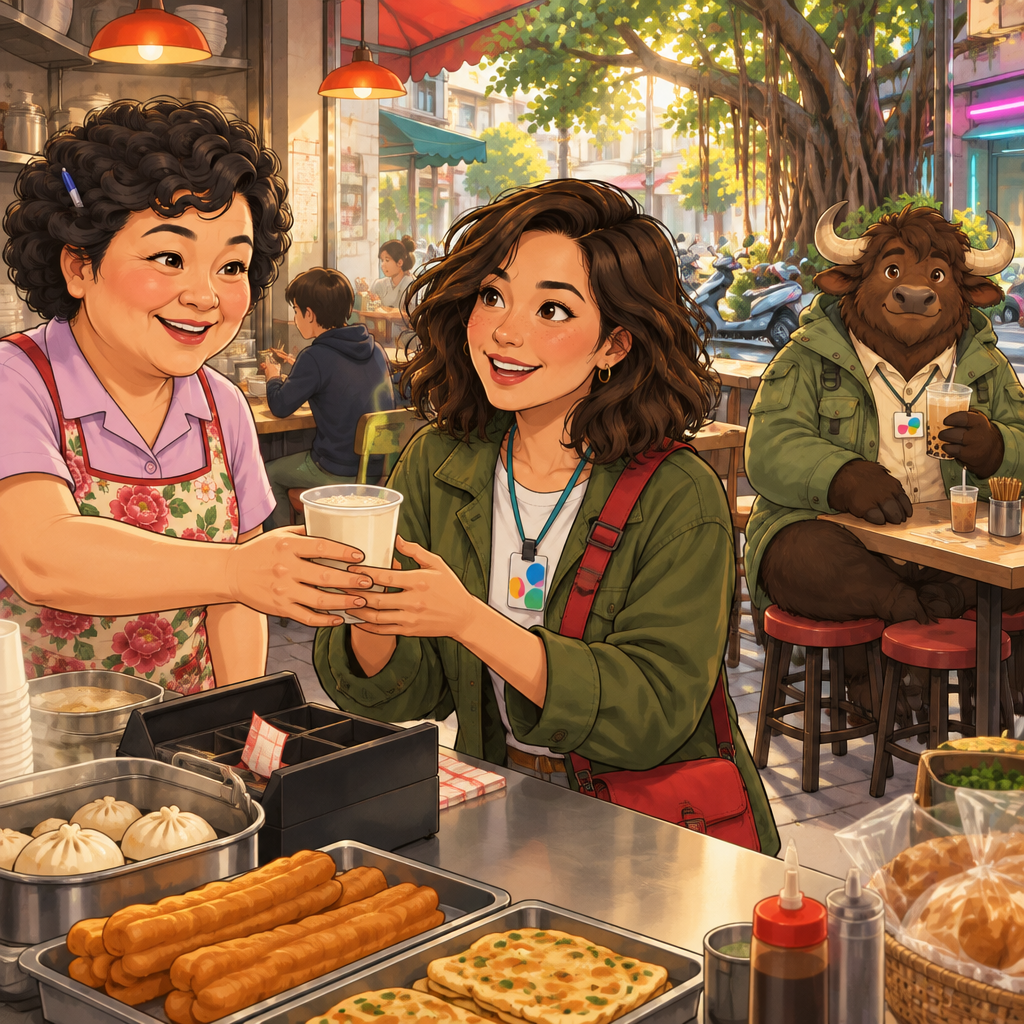 Auntie Lin offers Maya another cup of soy milk while Ali sits at the back with his unfinished drink.